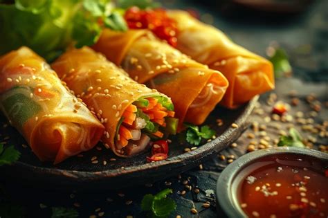 Premium Photo Golden Fried Spring Rolls With Dipping Sauce