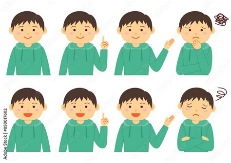 緑色の服を着た男の子の色々なポーズのイラストのセット Stock Vector Adobe Stock