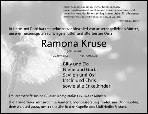 Traueranzeigen Von Ramona Kruse Trauer Mt De