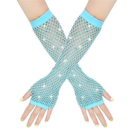 Rbaofujie Rhinestone Fingerless Fishnet Gloves Long Crystal Glitter