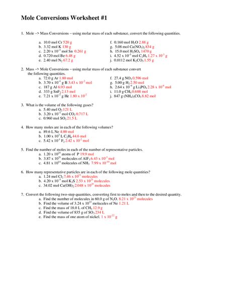 Mole Conversions Worksheet 1 Lecture Notes Chemistry Docsity