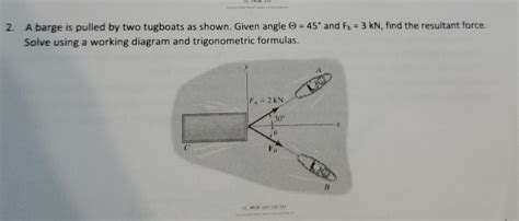 Solved A Barge Is Pulled By Two Tugboats As Shown Given Chegg