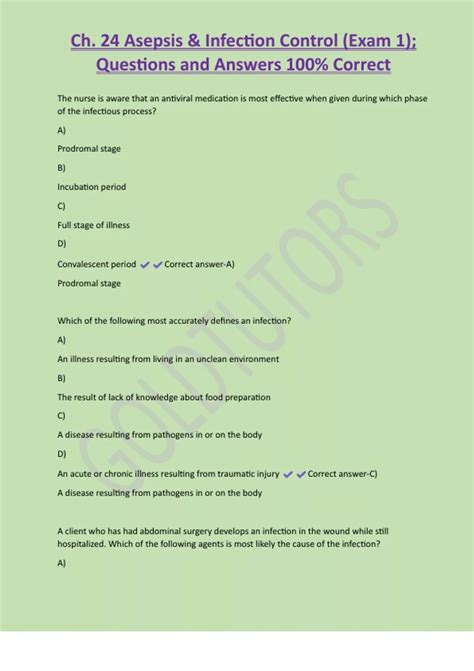 Ch. 24 Asepsis & Infection Control (Exam 1); Questions and Answers 100%