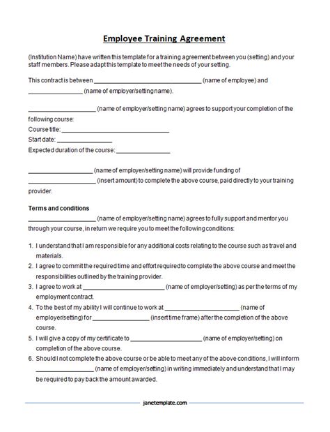 Free Employee Training Agreement Template Word