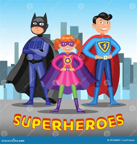 Three Cartoon Superheroes. Boys and Girl in Superhero Costumes Stock Vector - Illustration of ...