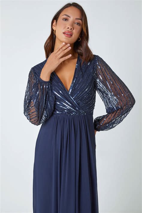 Midnight Blue Sparkle Bead Embellished Maxi Dress Roman Uk