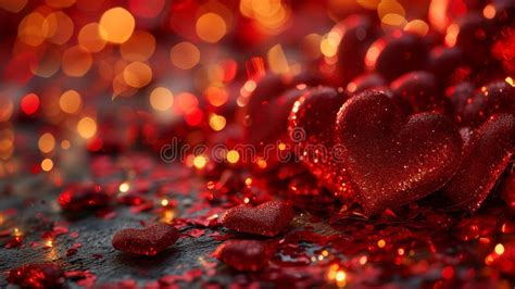 The Red Heart Shapes On Abstract Red Glitter Background Love Concept For Valentines Day Stock