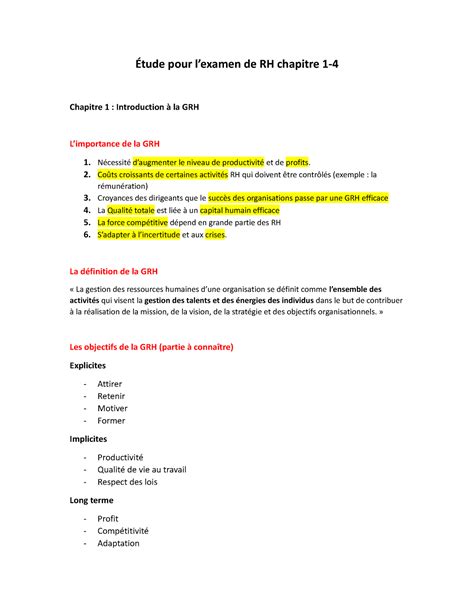 Étude pour l exam 1 Préparation examen 1 Étude pour lexamen de RH