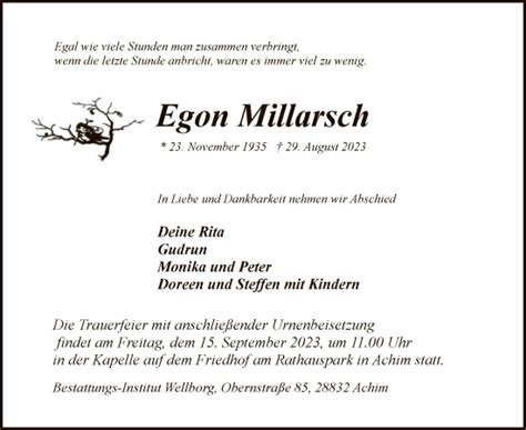 Traueranzeigen Von Egon Millarsch Trauer Kreiszeitung De