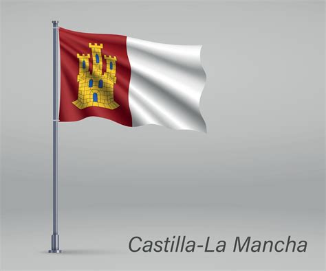 Waving flag of Castilla-La Mancha - region of Spain on flagpole