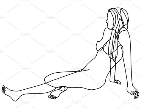 Female Nude Side Sitting Position Continuous Line Doodle Drawing