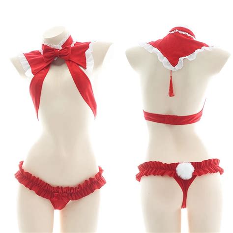Christmas Eve Girl Red Bikini Swimsuit Costume Women Kawaii Tassel Bow Hot Underwear Pajamas