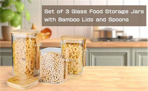 Set Of 3 Glass Storage Containers With Bamboo Lids And Spoon Clear Airtight Glass