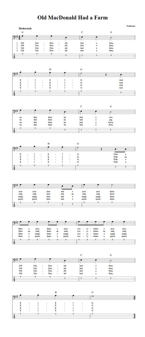 Old MacDonald Had a Farm - Bass Guitar Sheet Music and Tab with Chords and Lyrics