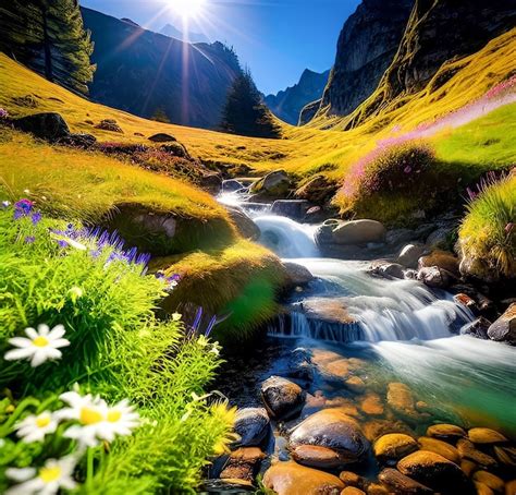 Premium AI Image | A picture of a river with flowers and a mountain in ...