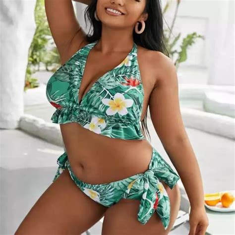 Jual Bikini Import Wanita Halter Neck Tali Hijau Daun Bunga Sexy Jumbo