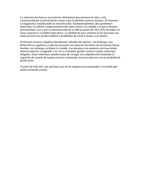 La Anorexia Nerviosa Es Un Trastorno Alimenticio Que Amenaza La Vida Y Está Caracterizada Por La