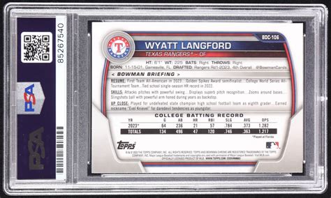 Wyatt Langford Signed Bowman Chrome Draft Bdc Rc Psa