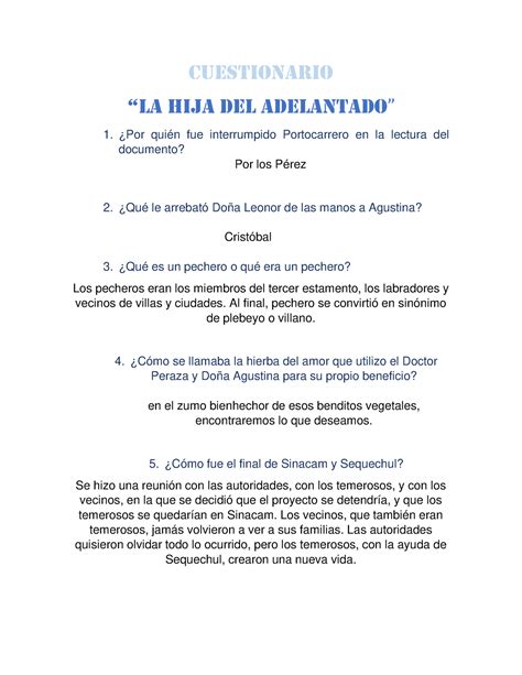 FORO Cuestionario De Literatura CUESTIONARIO LA HIJA DEL ADELANTADO