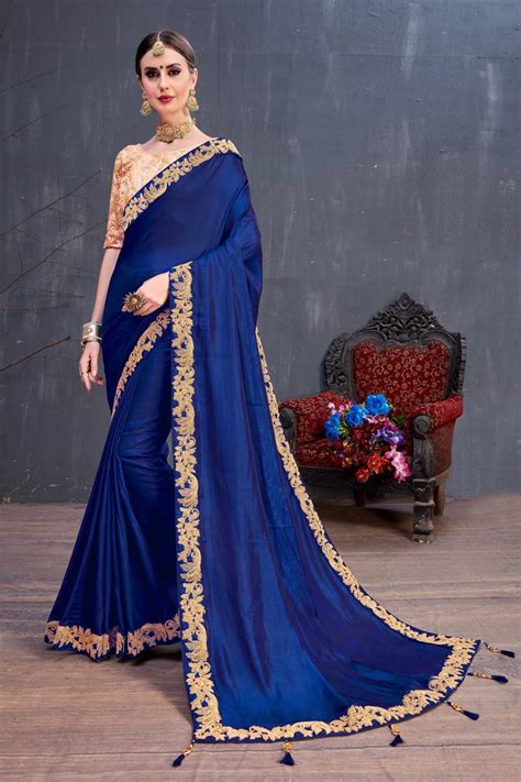 Navy Blue Embroidered Silk Saree With Blouse Meghalya 3281793