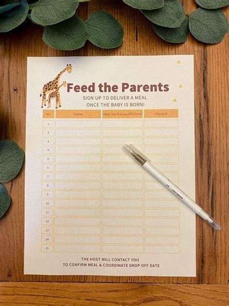 Baby Shower Meal Train Sign Up Sheet Giraffes Printable Etsy