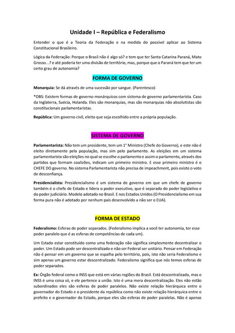 Direito Constitucional II Republica E Federalismo Resumo Completo