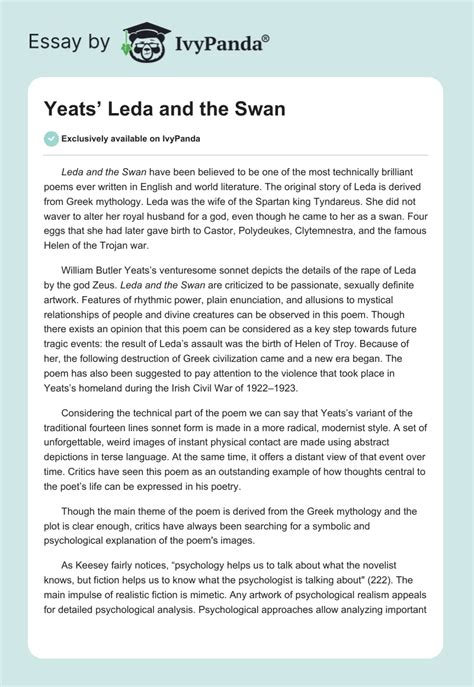 Yeats Leda And The Swan 1252 Words Essay Example