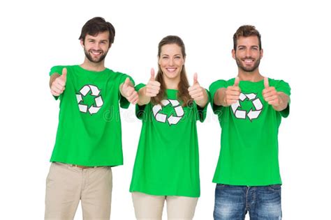 People In Recycling Symbol Tshirts Gesturing Thumbs Up Stock Photo