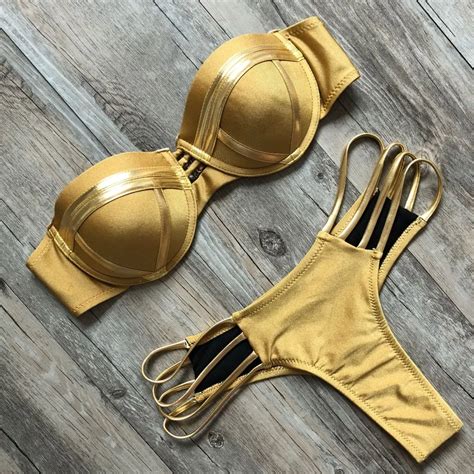 2018 Sexy Bandeau Triangle Bikini Set Ladies Bronzing Solid Swimsuit Women Push Up Padded