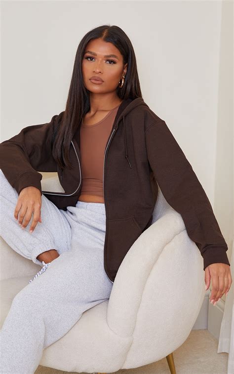 Brown Zip Front Hoodie | Tops | PrettyLittleThing