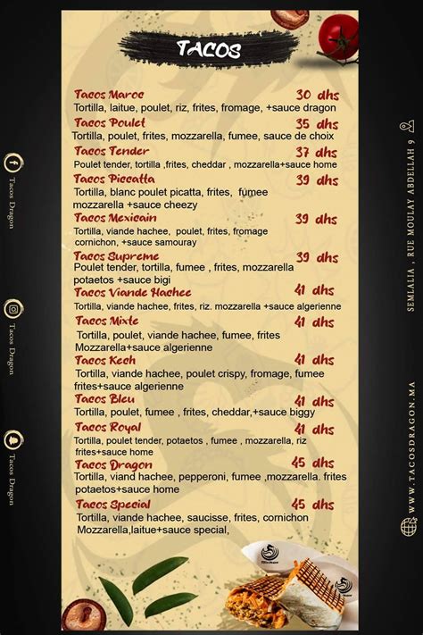 Menu at Tacos dragon restaurant, Marrakesh