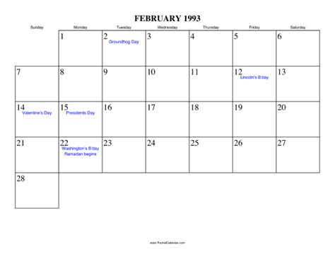 February 1993 Calendar