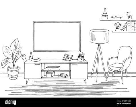 Living room graphic black white interior sketch illustration vector ...