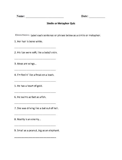 Simile And Metaphor Worksheet 1