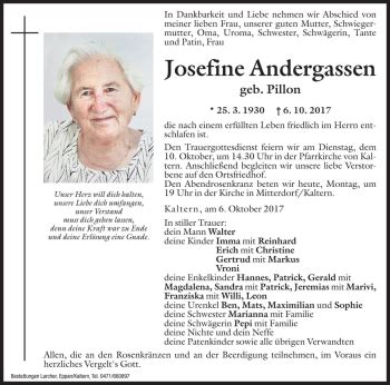 Traueranzeigen Von Josefine Andergassen Trauer Bz