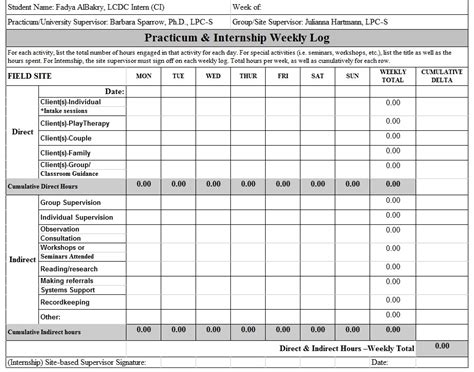 Internship Weekly Log Excel Template Template Sample