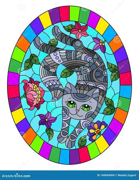 Stained Glass Illustration With A Cute Grey Cat On A Background Of Meadows And Bright Flowers