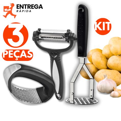 Kit 3 Peças Descascador de Legumes 3 em 1 Amassador de Batata Inox