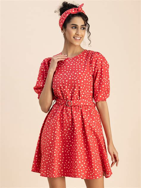 Buy Moomaya Polka Dot Print Cotton Fit And Flare Dress Dresses For