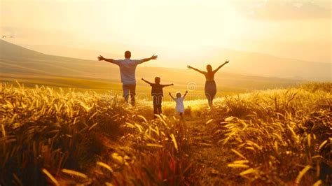 family enjoying  picturesque sunset   wheat field joyful moment