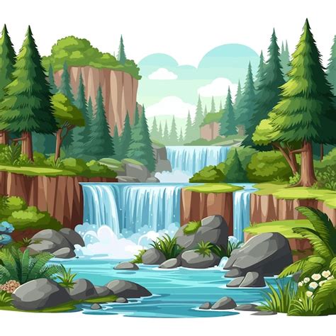 Premium Vector Cartoon Nature Landscape Waterfall In The Forest