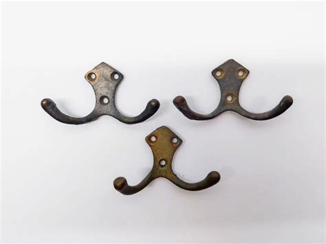 Vintage Brass Hooks 3 Brass Hanger Hooks Set Of 3 Double Hooks Brass Wall Hangers Rustic