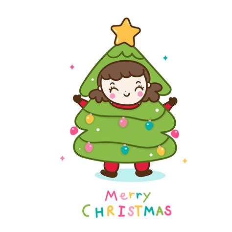 Cute girl Christmas character cartoon merry x mas tree sweet pastel ...