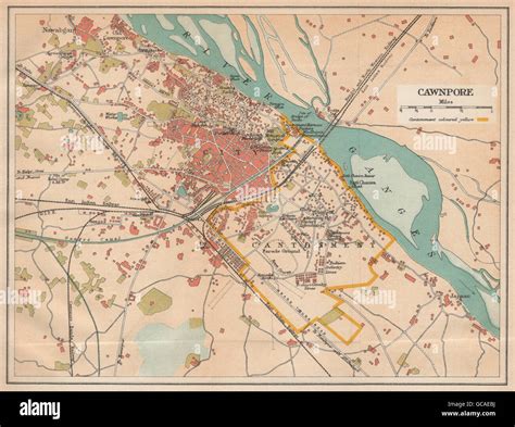 BRITISH INDIA. Cawnpore (Kanpur) city plan showing cantonment, 1929 old map Stock Photo - Alamy