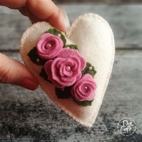 Wool Felt Floral Heart Ornament With Roses Clr Ready To Ship Etsy Felt Crafts Felt