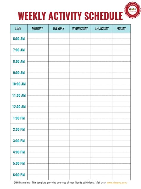 weekly activity schedule templates
