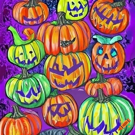 Colorful Crayon Drawing Of Halloween Pumpkins