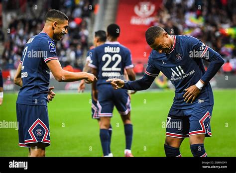 Kylian Mbappe Of Psg Celebrate His Goal With Achraf Hakimi Of Psg