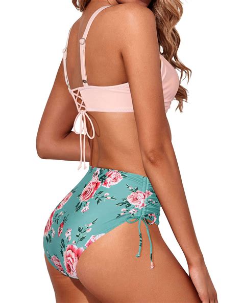 Snapklik Women High Waisted Bikini Twist Front Swimsuits Lace Up