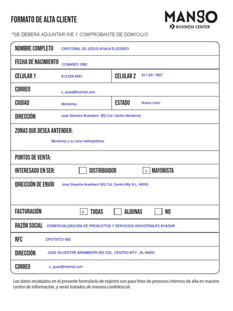 Formato De Alta Cliente Completo Pdf
